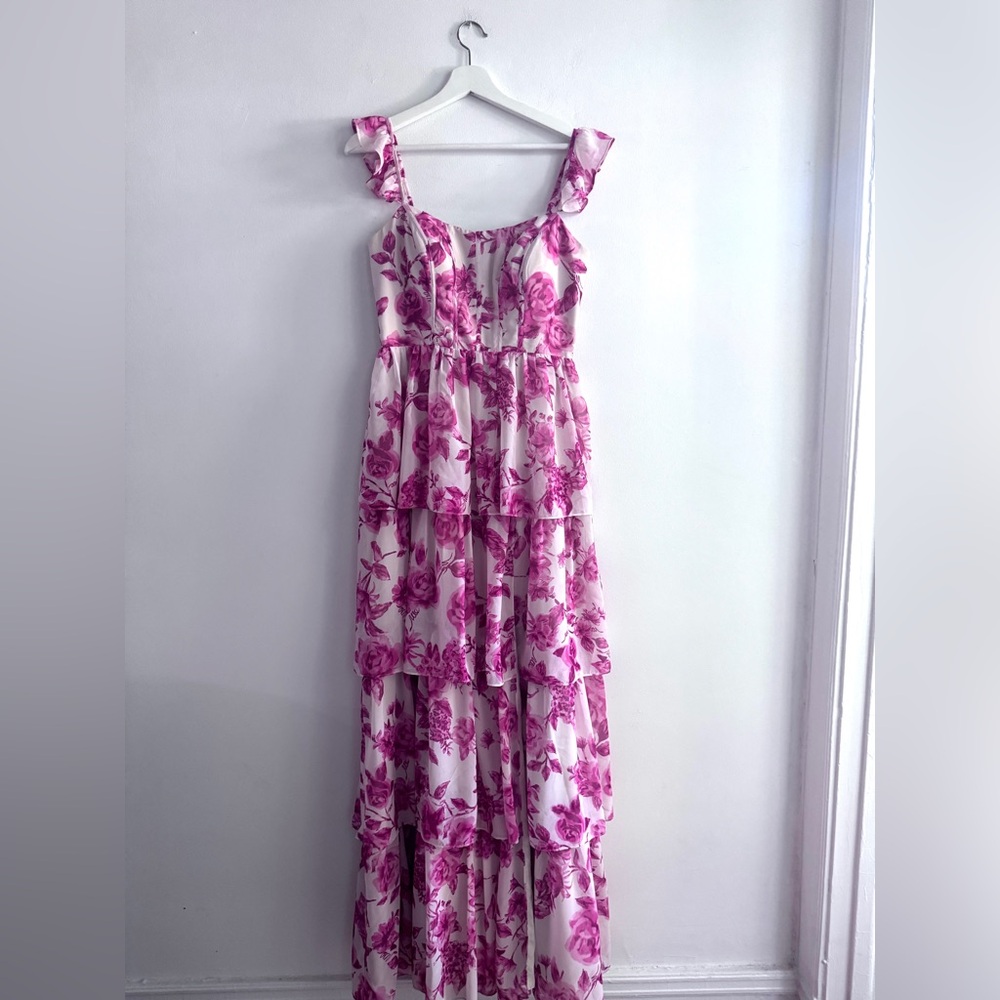 Revelry Poppy Pink and White Chiffon Dress